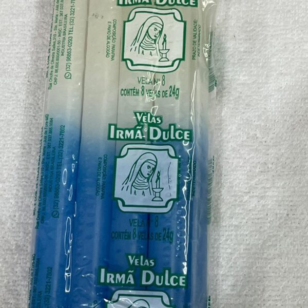 Vela Palito Irmã Dulce nº8 Branca e Azul Clara - Pacote com 8 Unidades
