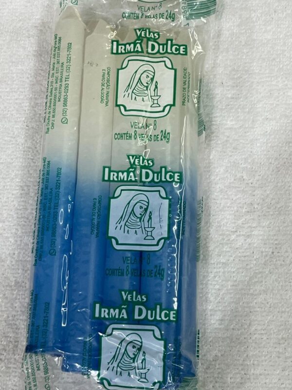 Vela Palito Irmã Dulce nº8 Branca e Azul Clara - Pacote com 8 Unidades
