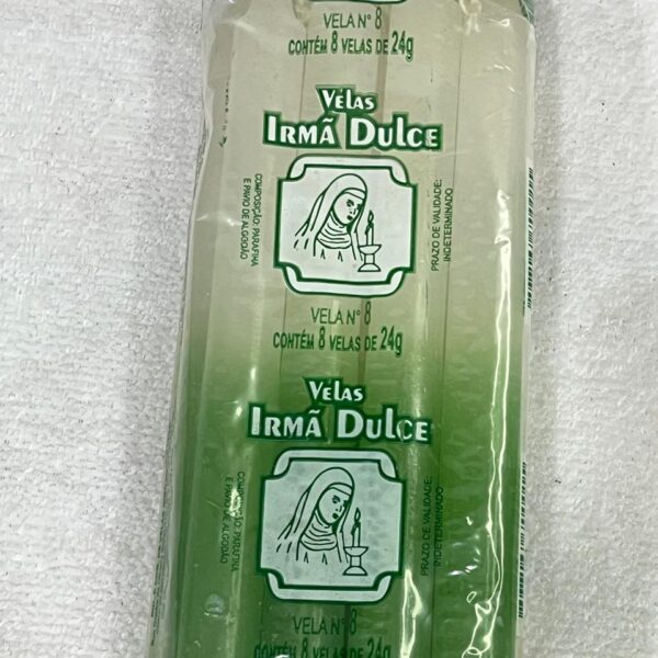Vela Palito Irmã Dulce nº8 Branca e Verde - Pacote com 8 Unidades