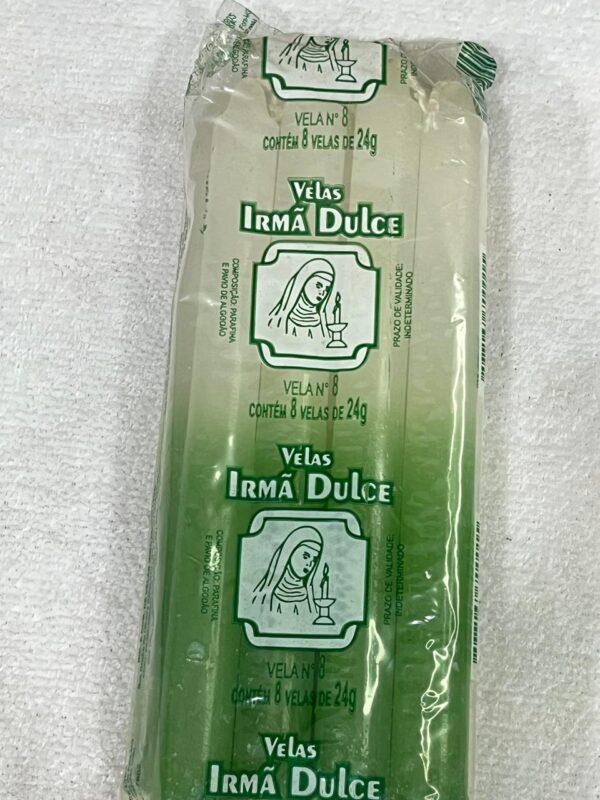 Vela Palito Irmã Dulce nº8 Branca e Verde - Pacote com 8 Unidades
