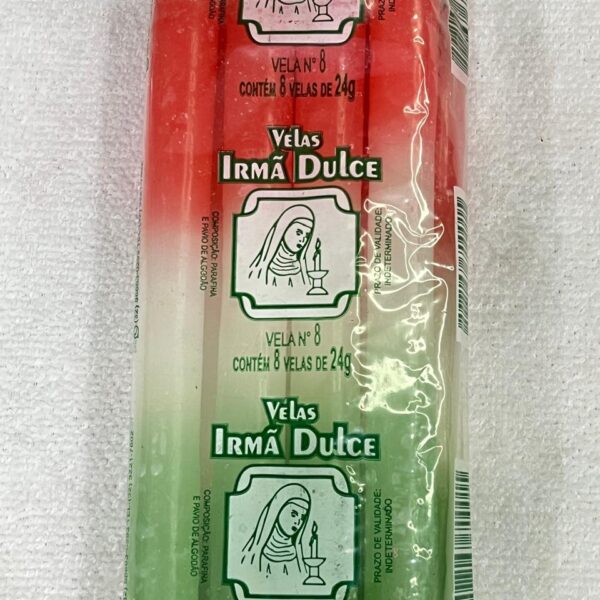 Vela Palito Irmã Dulce nº8 Vermelha, Branca e Verde - Pacote com 8 Unidades