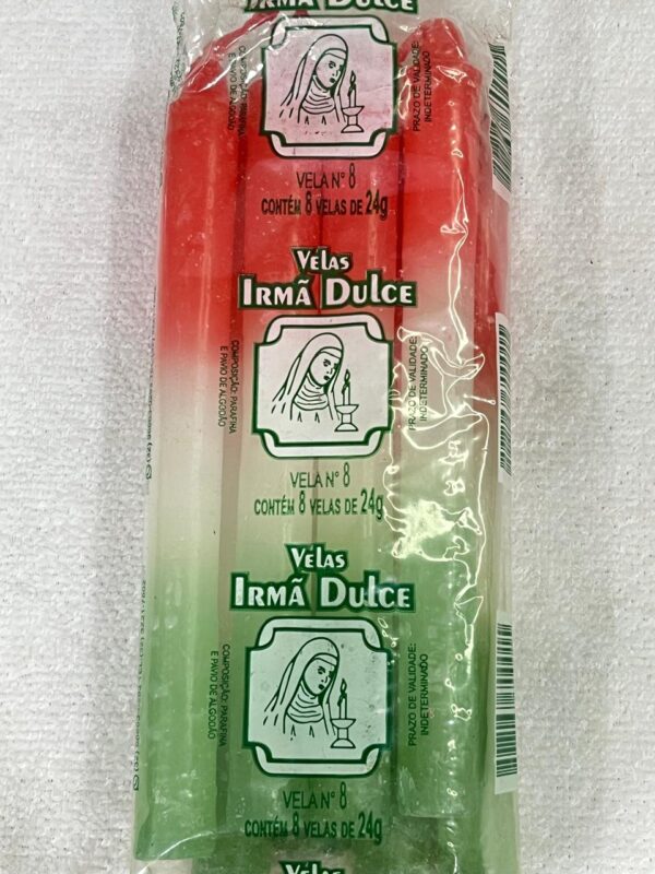 Vela Palito Irmã Dulce nº8 Vermelha, Branca e Verde - Pacote com 8 Unidades