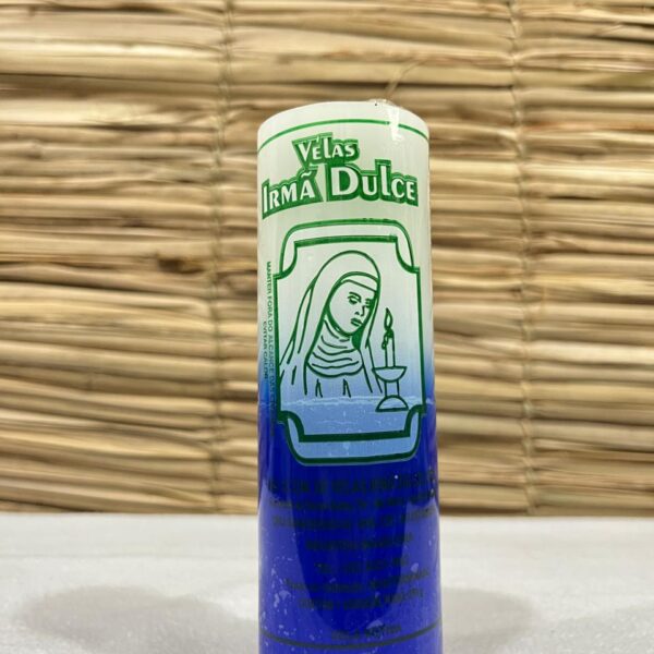 Vela Votiva 270g Branca e Azul Escura - Irmã Dulce